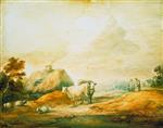Open Landscape with Peasants. Cows. Sheep. Cottages and a Pool