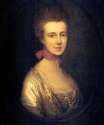 Portrait of Miss Boone, wearing a white dress with gold embroidery