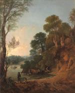 River Landscape with Cattle Watering and Ferry Boat