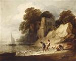 Rocky Coastal Scene with a Ruined Castle, Boats and Fishermen