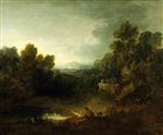 Rocky Wooded Landscape with Rustic Lovers by a Pool