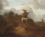 A Wooded Landscape with a Peasant, a Horse and Cattle