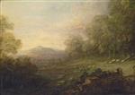 Wooded landscape with a shepherd and sheep on a slope by a river