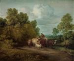 Wooded rocky landscape with mounted peasant, drover and cattle, and distant building