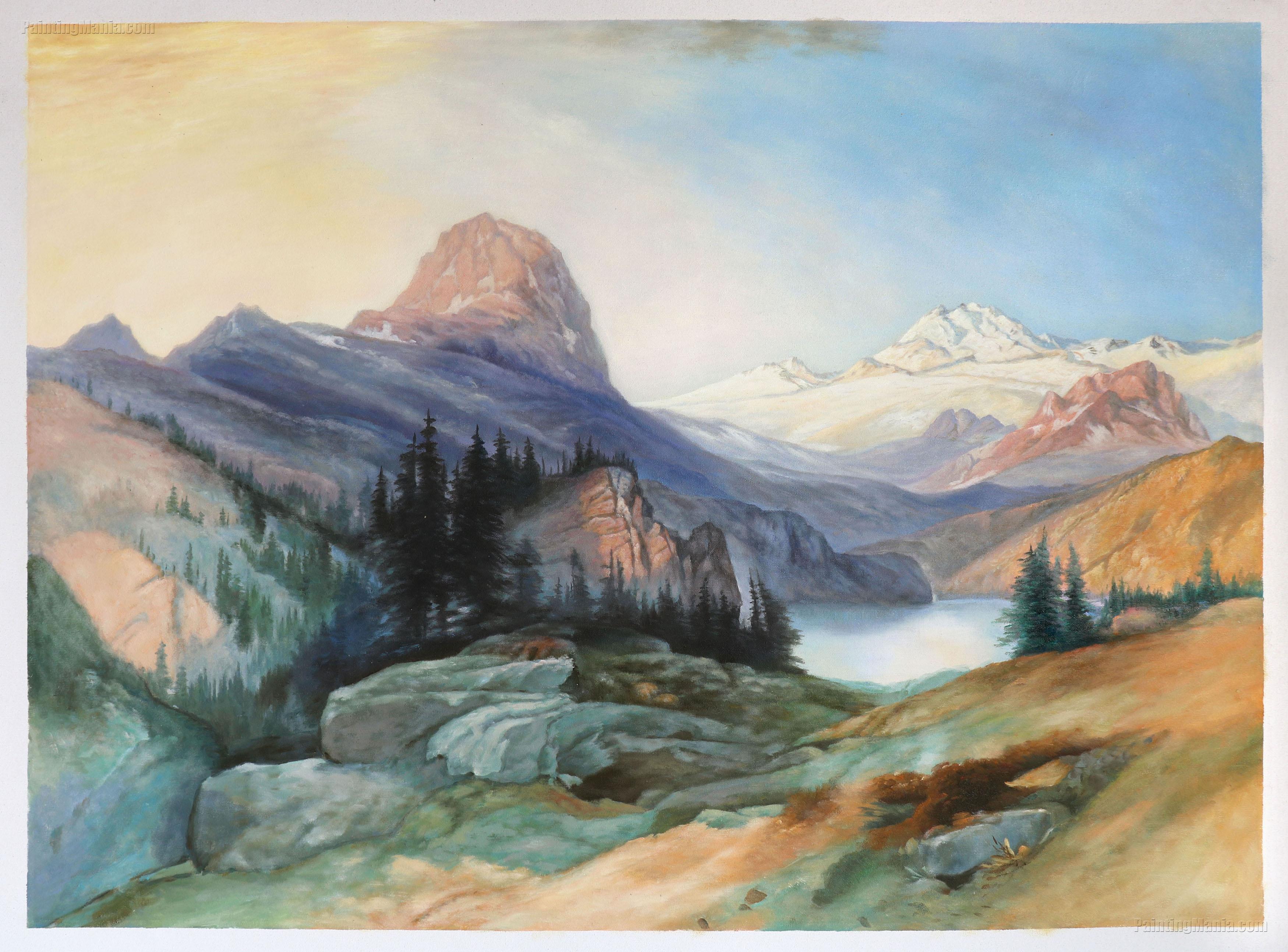 The Teton Range & Snow mountains river in view Large Oil painting Thomas Moran 