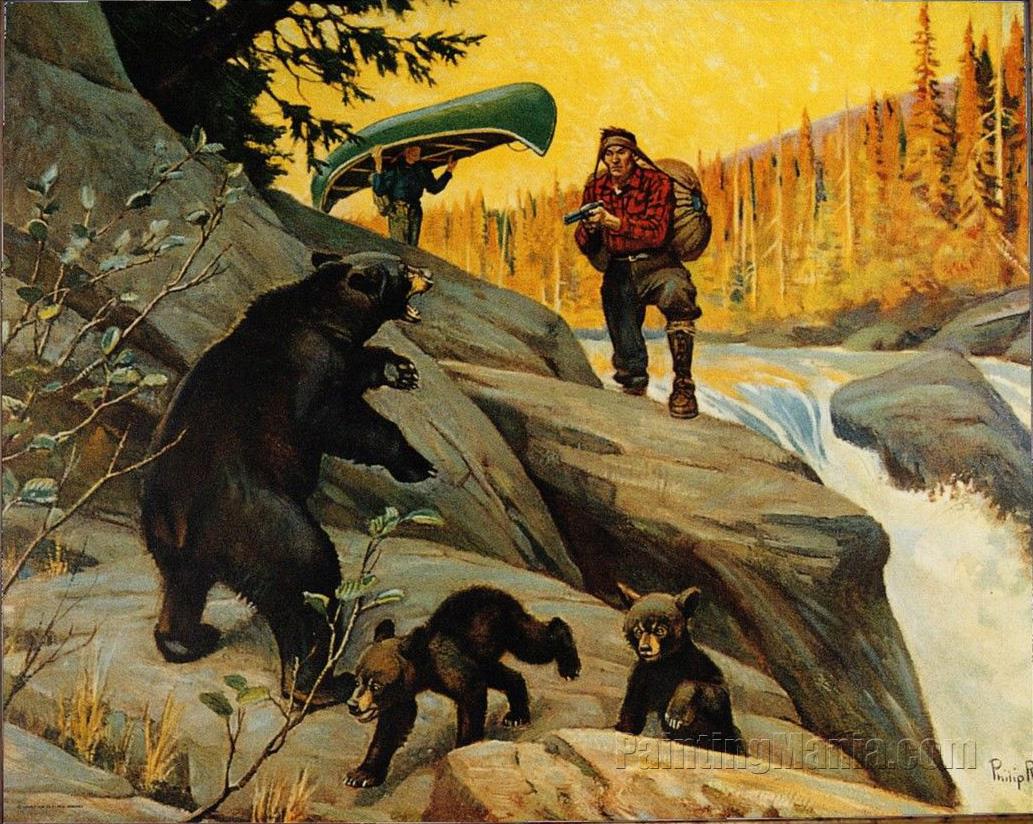 Bear with Cubs Hunters Canoe