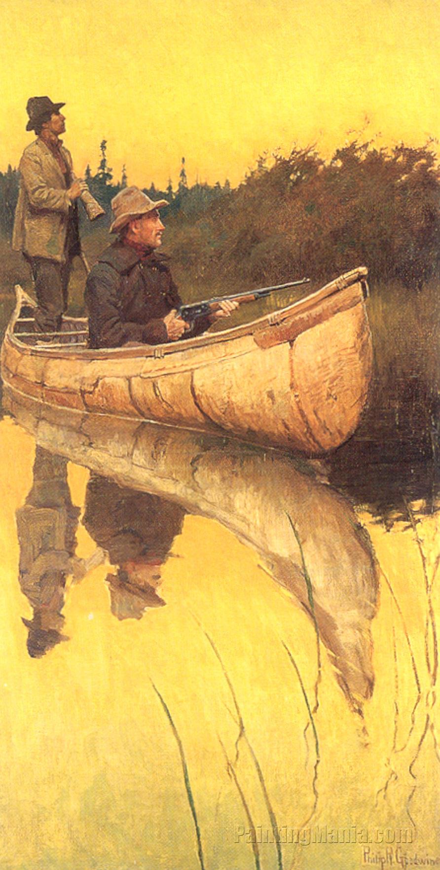 An Indian Guide with moose call and a Hunter with Rifle at the Ready in a Birch Bark Canoe