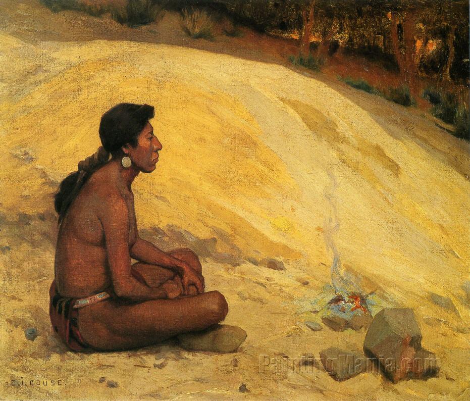 Indian Seated by a Campfire
