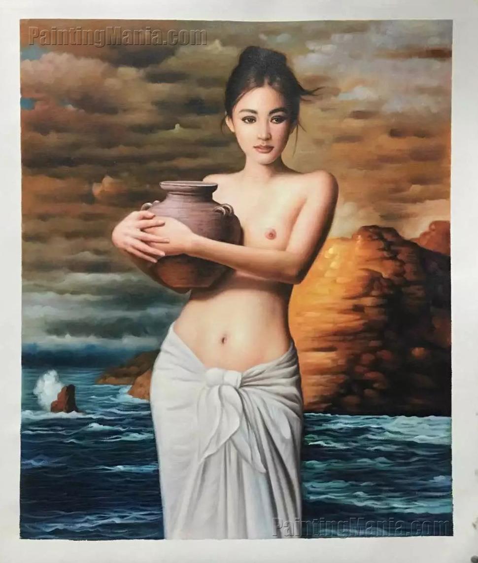 Portrait of a Nude Girl Holding a Pottery on the Seashore in Cloudy Day