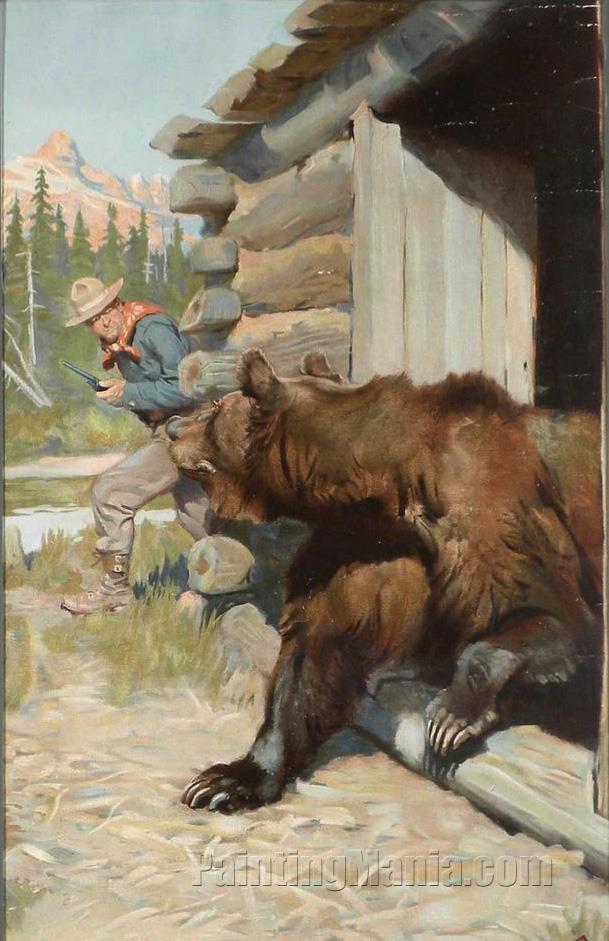 Ranger with rifle and bear coming out of cabin