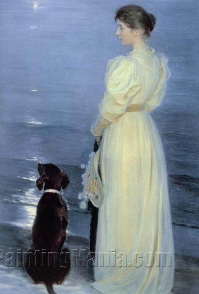 Summer Evening at Skagen, the Artist's Wife with a Dog on the Beach