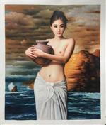 Portrait of a Nude Girl Holding a Pottery on the Seashore in Cloudy Day