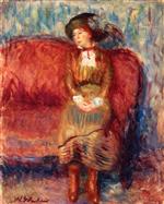 Woman Seated on Red Sofa