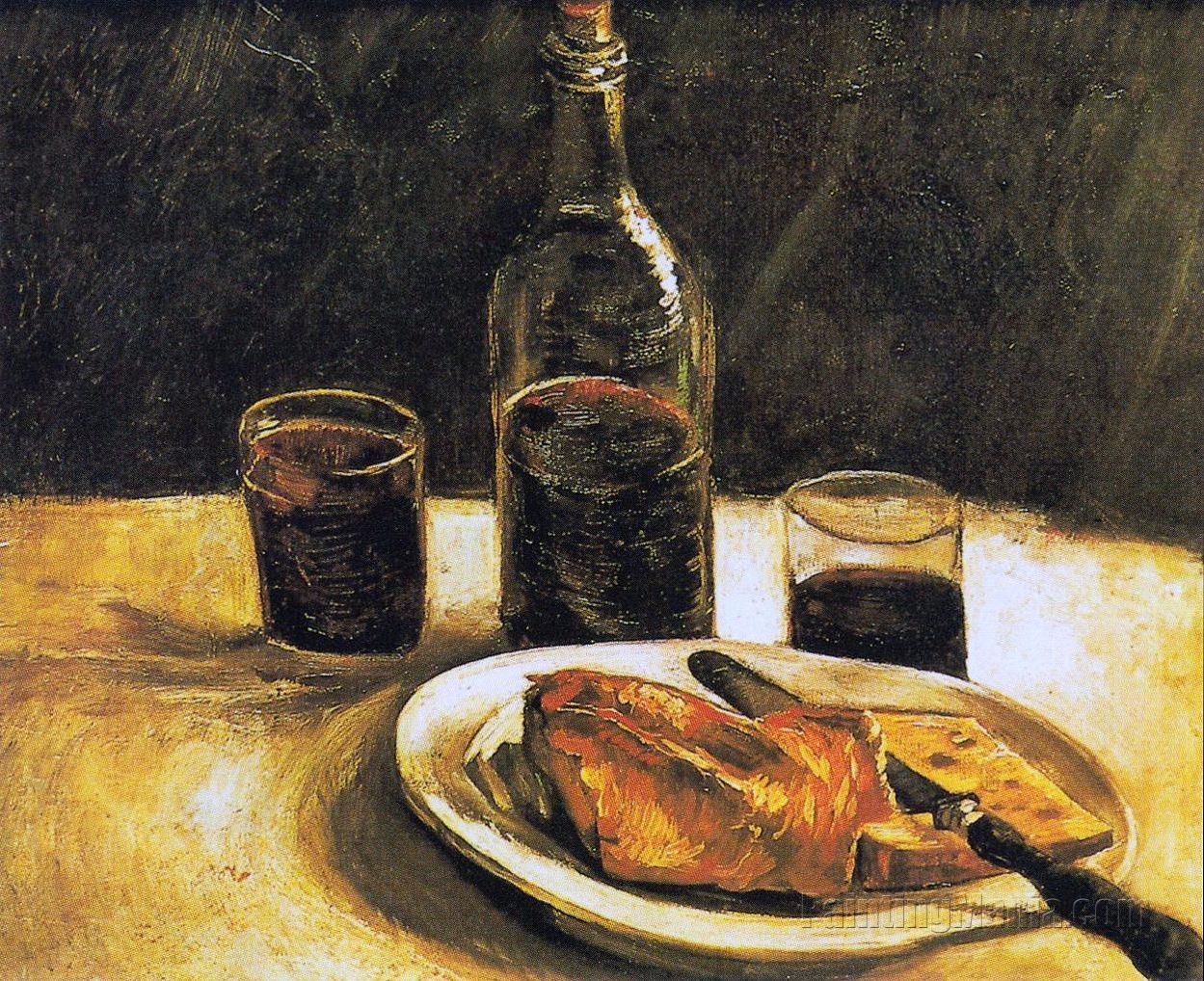 Still Life with a Bottle, Two Glasses, Cheese and Bread