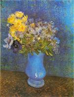 Bouquet of Flowers in a Blue Vase (Vase of Lilacs. Daisies and Anemones)