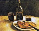 Still Life with a Bottle. Two Glasses. Cheese and Bread